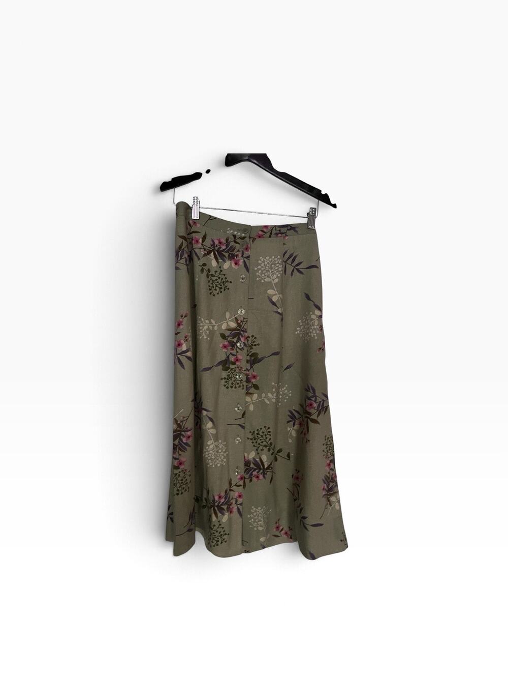 Vintage 90s Sage Green Floral Button Front A Line Midi Skirt Linen & Rayon M